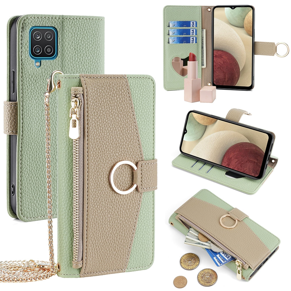 Samsung Galaxy A12 Crossbody Phone Case with Litchi Texture Leather, Adjustable Kickstand, Card Slots, Zipper Purse, Makeup Mirror, and TPU Protection