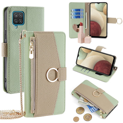 Samsung Galaxy A12 Crossbody Phone Case with Litchi Texture Leather, Adjustable Kickstand, Card Slots, Zipper Purse, Makeup Mirror, and TPU Protection