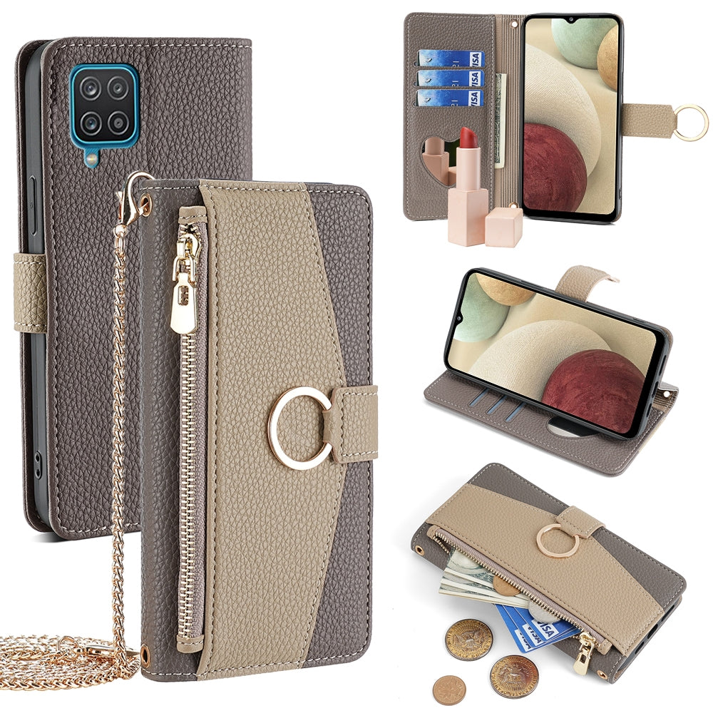 Samsung Galaxy A12 Crossbody Phone Case with Litchi Texture Leather, Adjustable Kickstand, Card Slots, Zipper Purse, Makeup Mirror, and TPU Protection