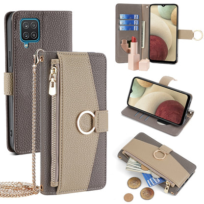 Samsung Galaxy A12 Crossbody Phone Case with Litchi Texture Leather, Adjustable Kickstand, Card Slots, Zipper Purse, Makeup Mirror, and TPU Protection