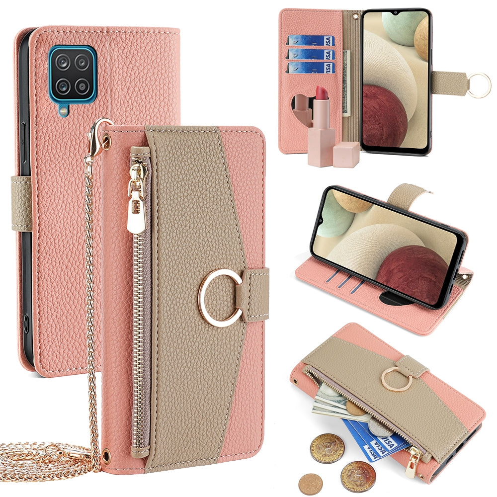 Samsung Galaxy A12 Crossbody Phone Case with Litchi Texture Leather, Adjustable Kickstand, Card Slots, Zipper Purse, Makeup Mirror, and TPU Protection