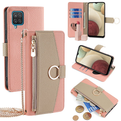 Samsung Galaxy A12 Crossbody Phone Case with Litchi Texture Leather, Adjustable Kickstand, Card Slots, Zipper Purse, Makeup Mirror, and TPU Protection