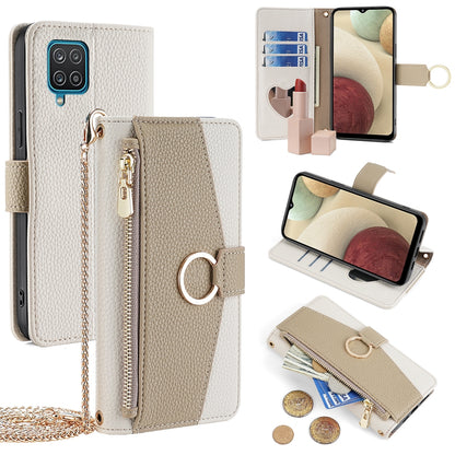 Samsung Galaxy A12 Crossbody Phone Case with Litchi Texture Leather, Adjustable Kickstand, Card Slots, Zipper Purse, Makeup Mirror, and TPU Protection