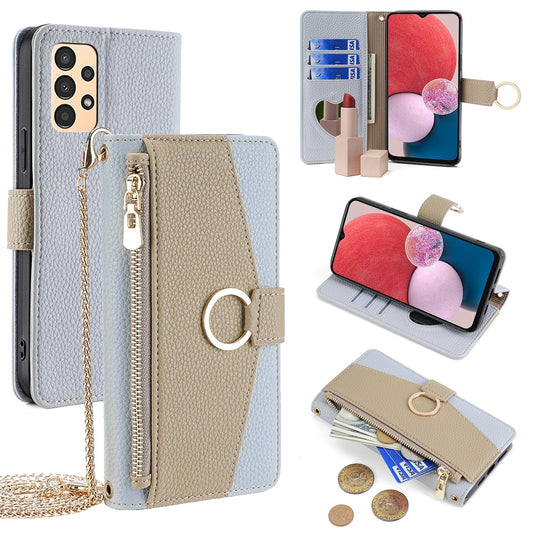 Samsung Galaxy A13 4G Crossbody Phone Case with Litchi Texture Leather, Adjustable Kickstand, Card Slots, Zipper Purse, Makeup Mirror, and TPU Protection