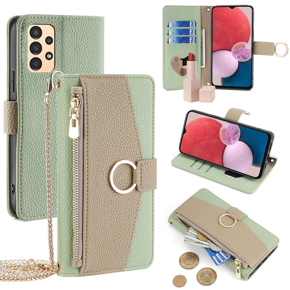 Samsung Galaxy A13 4G Crossbody Phone Case with Litchi Texture Leather, Adjustable Kickstand, Card Slots, Zipper Purse, Makeup Mirror, and TPU Protection