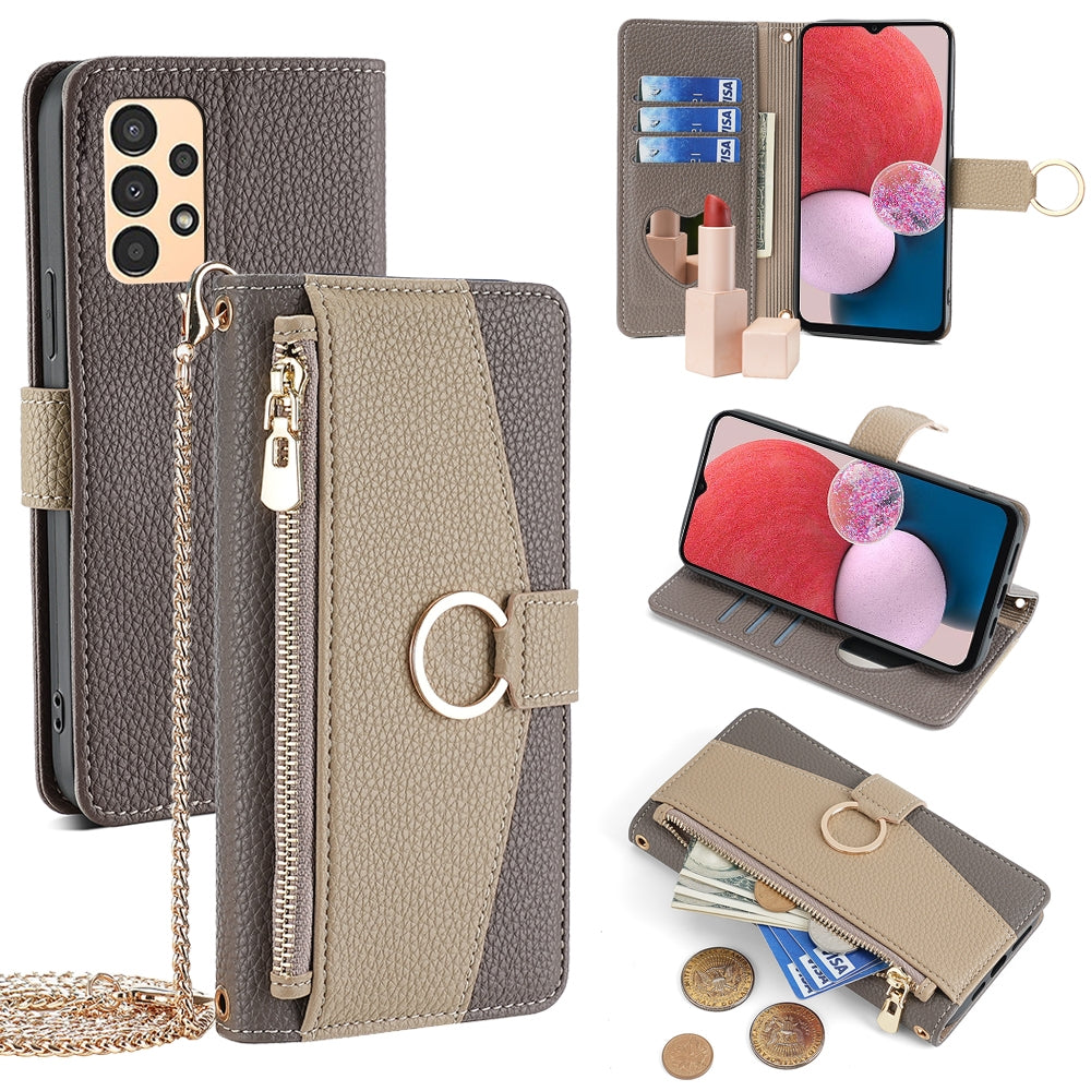 Samsung Galaxy A13 4G Crossbody Phone Case with Litchi Texture Leather, Adjustable Kickstand, Card Slots, Zipper Purse, Makeup Mirror, and TPU Protection