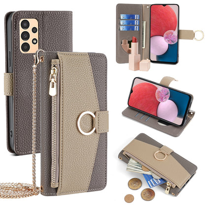 Samsung Galaxy A13 4G Crossbody Phone Case with Litchi Texture Leather, Adjustable Kickstand, Card Slots, Zipper Purse, Makeup Mirror, and TPU Protection
