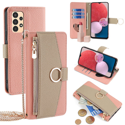 Samsung Galaxy A13 4G Crossbody Phone Case with Litchi Texture Leather, Adjustable Kickstand, Card Slots, Zipper Purse, Makeup Mirror, and TPU Protection