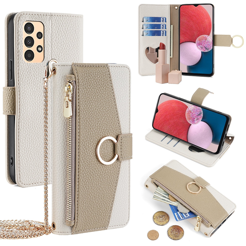 Samsung Galaxy A13 4G Crossbody Phone Case with Litchi Texture Leather, Adjustable Kickstand, Card Slots, Zipper Purse, Makeup Mirror, and TPU Protection