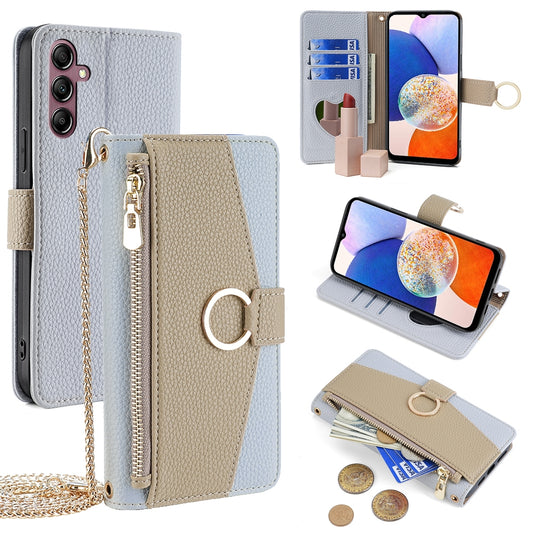 Samsung Galaxy A14 4G Crossbody Phone Case with Litchi Texture Leather, Adjustable Kickstand, Card Slots, Zipper Purse, Makeup Mirror, and TPU Protection