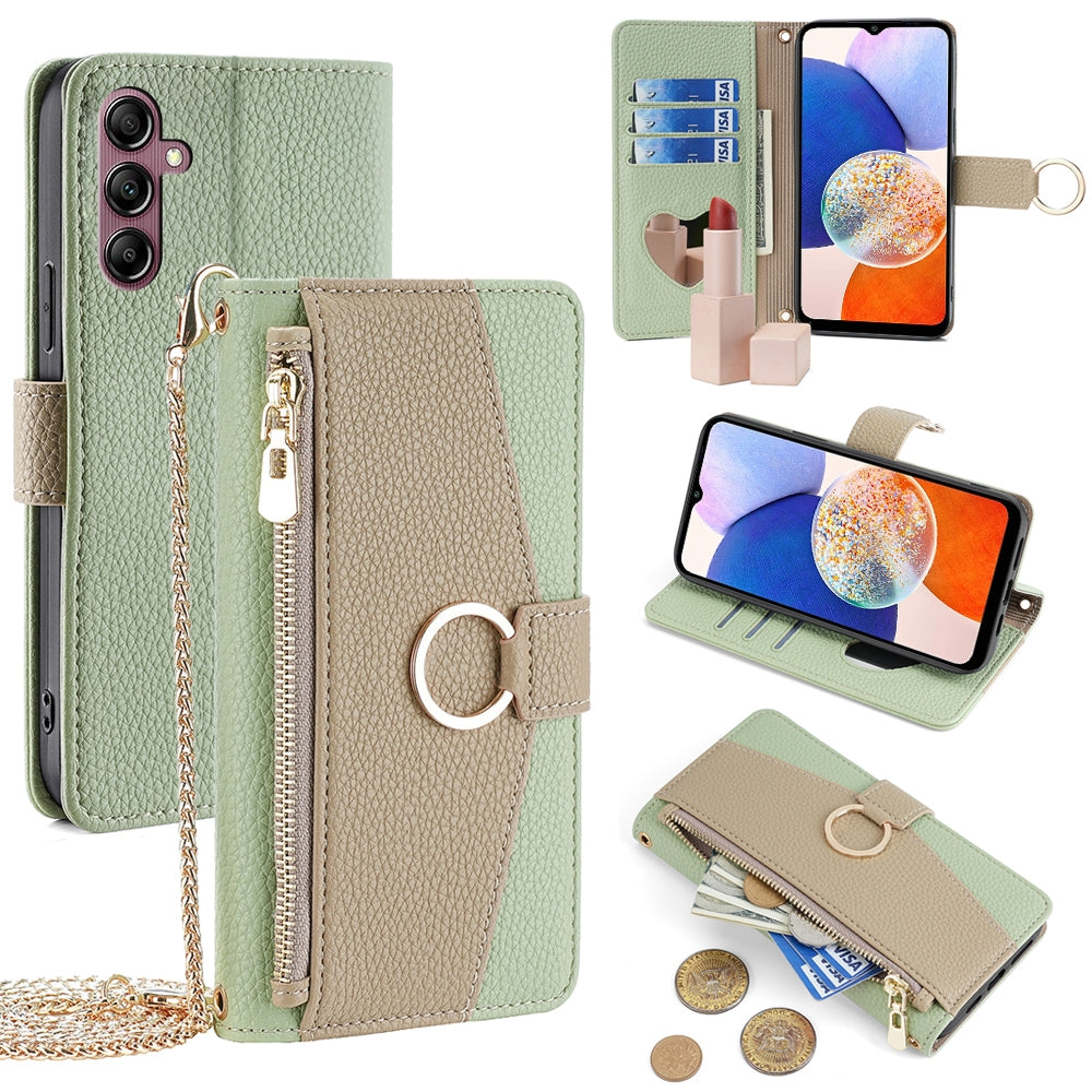 Samsung Galaxy A14 4G Crossbody Phone Case with Litchi Texture Leather, Adjustable Kickstand, Card Slots, Zipper Purse, Makeup Mirror, and TPU Protection