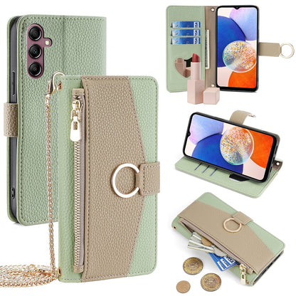 Samsung Galaxy A14 4G Crossbody Phone Case with Litchi Texture Leather, Adjustable Kickstand, Card Slots, Zipper Purse, Makeup Mirror, and TPU Protection