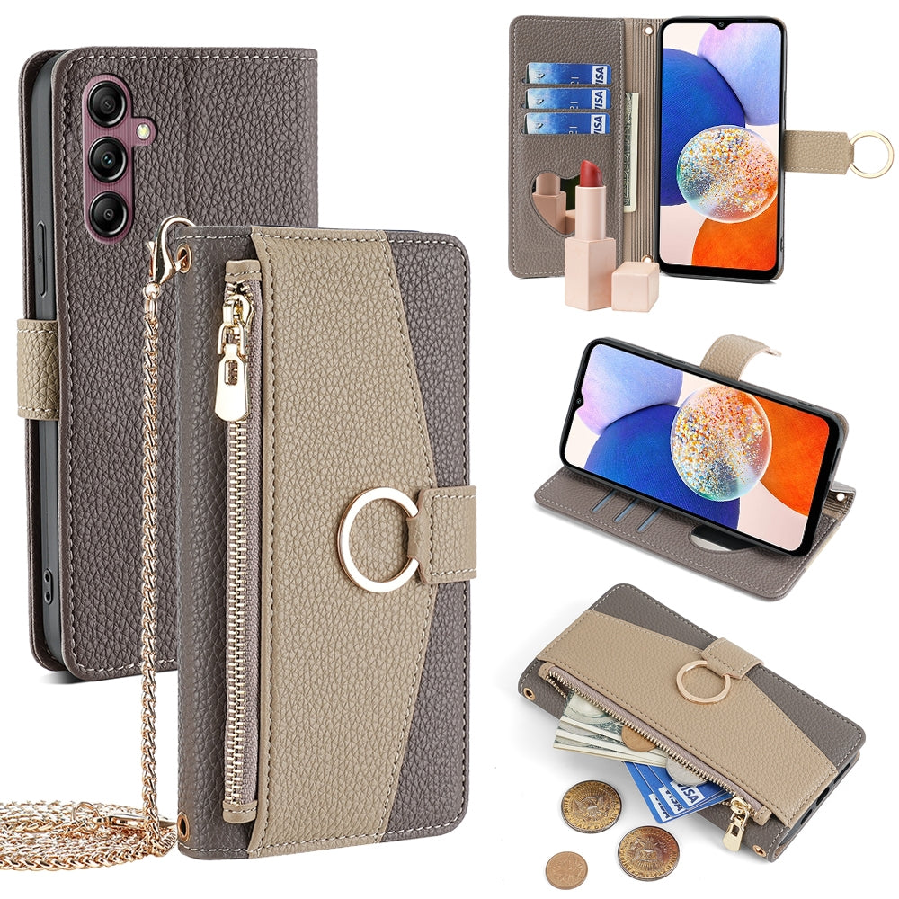 Samsung Galaxy A14 4G Crossbody Phone Case with Litchi Texture Leather, Adjustable Kickstand, Card Slots, Zipper Purse, Makeup Mirror, and TPU Protection