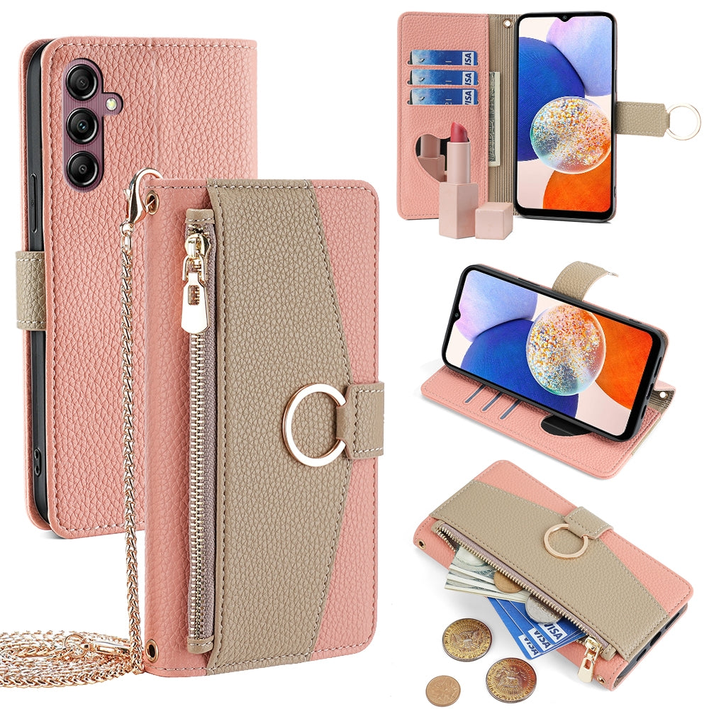 Samsung Galaxy A14 4G Crossbody Phone Case with Litchi Texture Leather, Adjustable Kickstand, Card Slots, Zipper Purse, Makeup Mirror, and TPU Protection