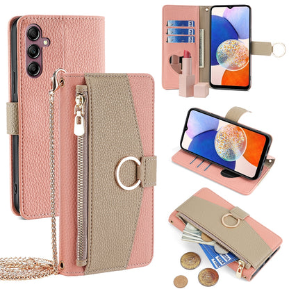 Samsung Galaxy A14 4G Crossbody Phone Case with Litchi Texture Leather, Adjustable Kickstand, Card Slots, Zipper Purse, Makeup Mirror, and TPU Protection