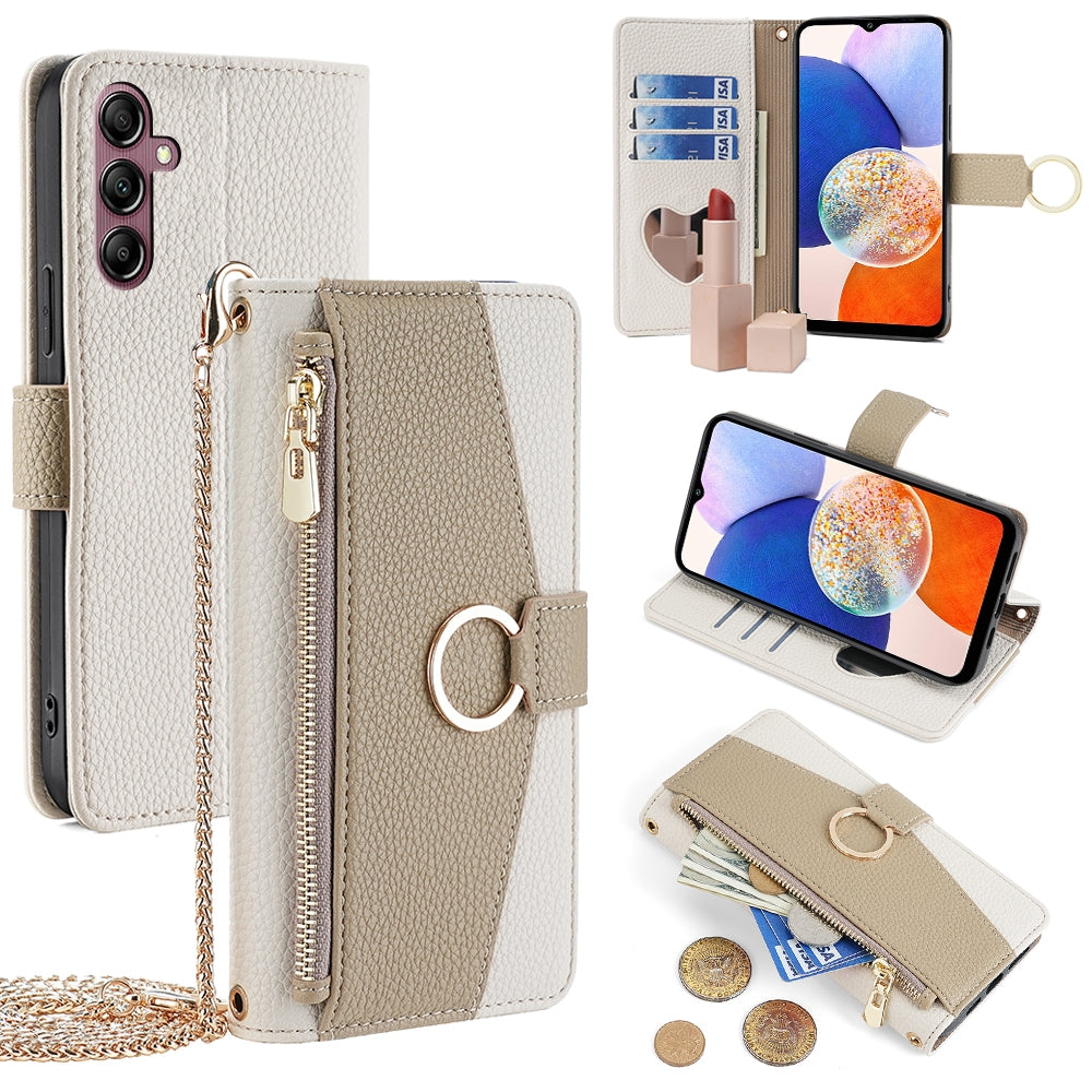 Samsung Galaxy A14 4G Crossbody Phone Case with Litchi Texture Leather, Adjustable Kickstand, Card Slots, Zipper Purse, Makeup Mirror, and TPU Protection