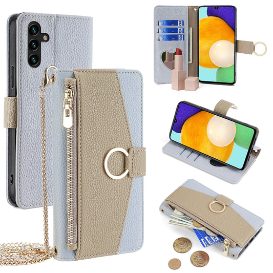 Samsung Galaxy A13 5G Crossbody Phone Case with Litchi Texture Leather, Adjustable Kickstand, Card Slots, Zipper Purse, Makeup Mirror, and TPU Protection