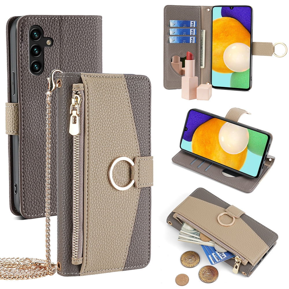 Samsung Galaxy A13 5G Crossbody Phone Case with Litchi Texture Leather, Adjustable Kickstand, Card Slots, Zipper Purse, Makeup Mirror, and TPU Protection