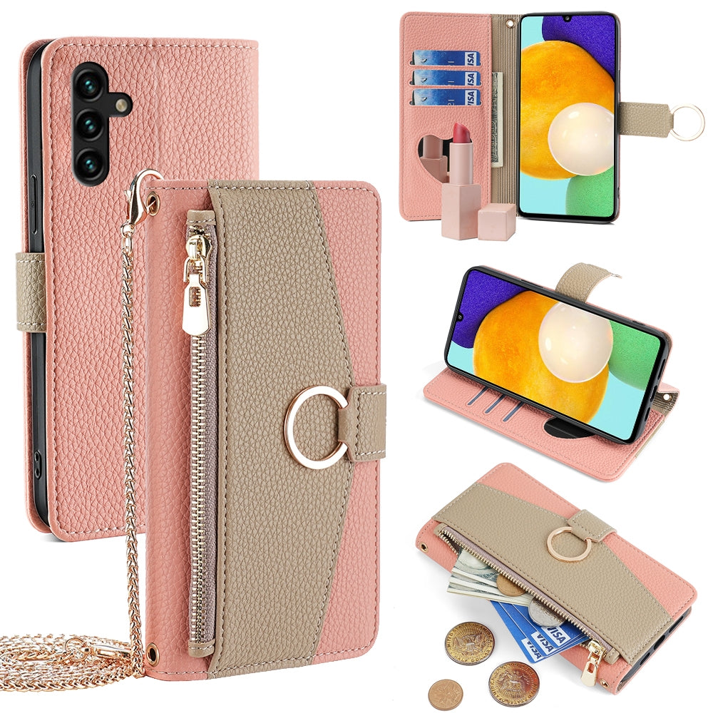 Samsung Galaxy A13 5G Crossbody Phone Case with Litchi Texture Leather, Adjustable Kickstand, Card Slots, Zipper Purse, Makeup Mirror, and TPU Protection
