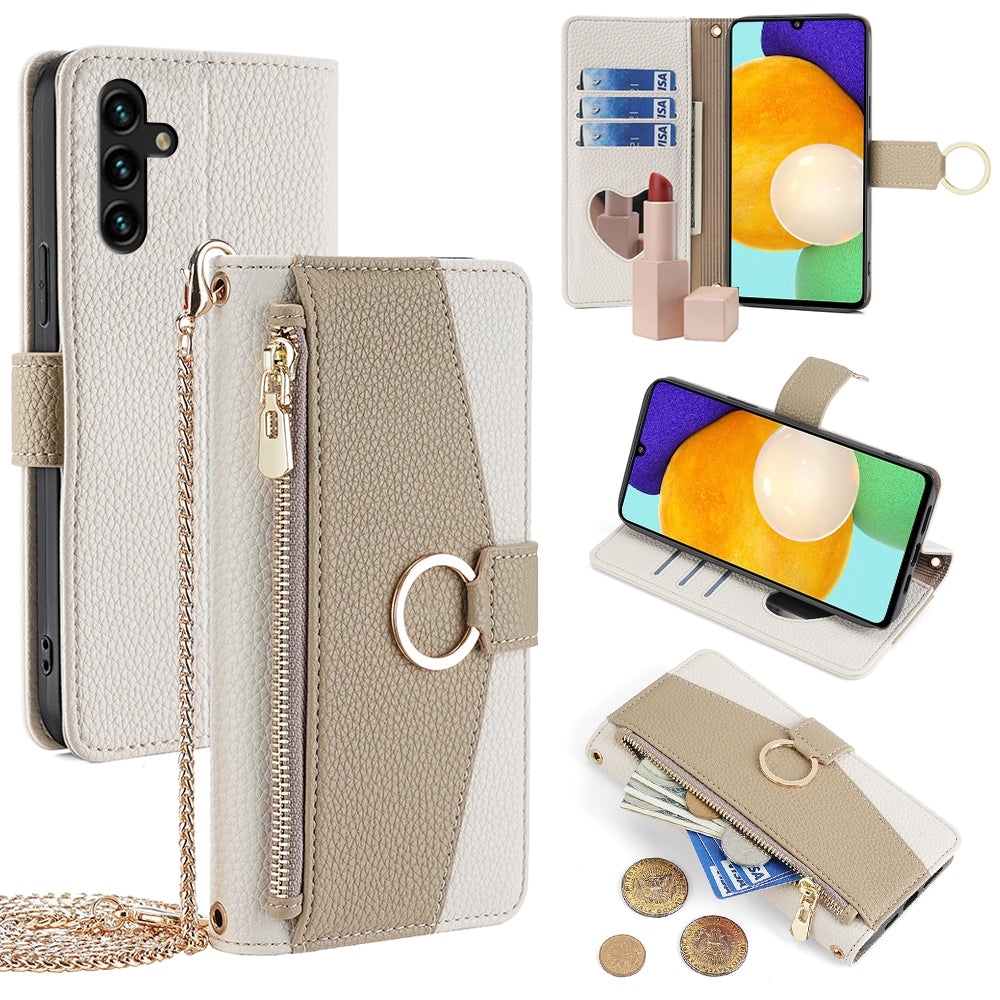 Samsung Galaxy A13 5G Crossbody Phone Case with Litchi Texture Leather, Adjustable Kickstand, Card Slots, Zipper Purse, Makeup Mirror, and TPU Protection
