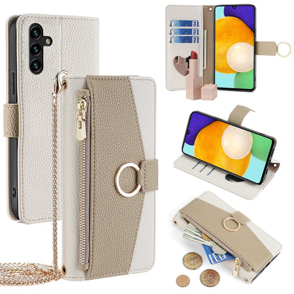 Samsung Galaxy A13 5G Crossbody Phone Case with Litchi Texture Leather, Adjustable Kickstand, Card Slots, Zipper Purse, Makeup Mirror, and TPU Protection