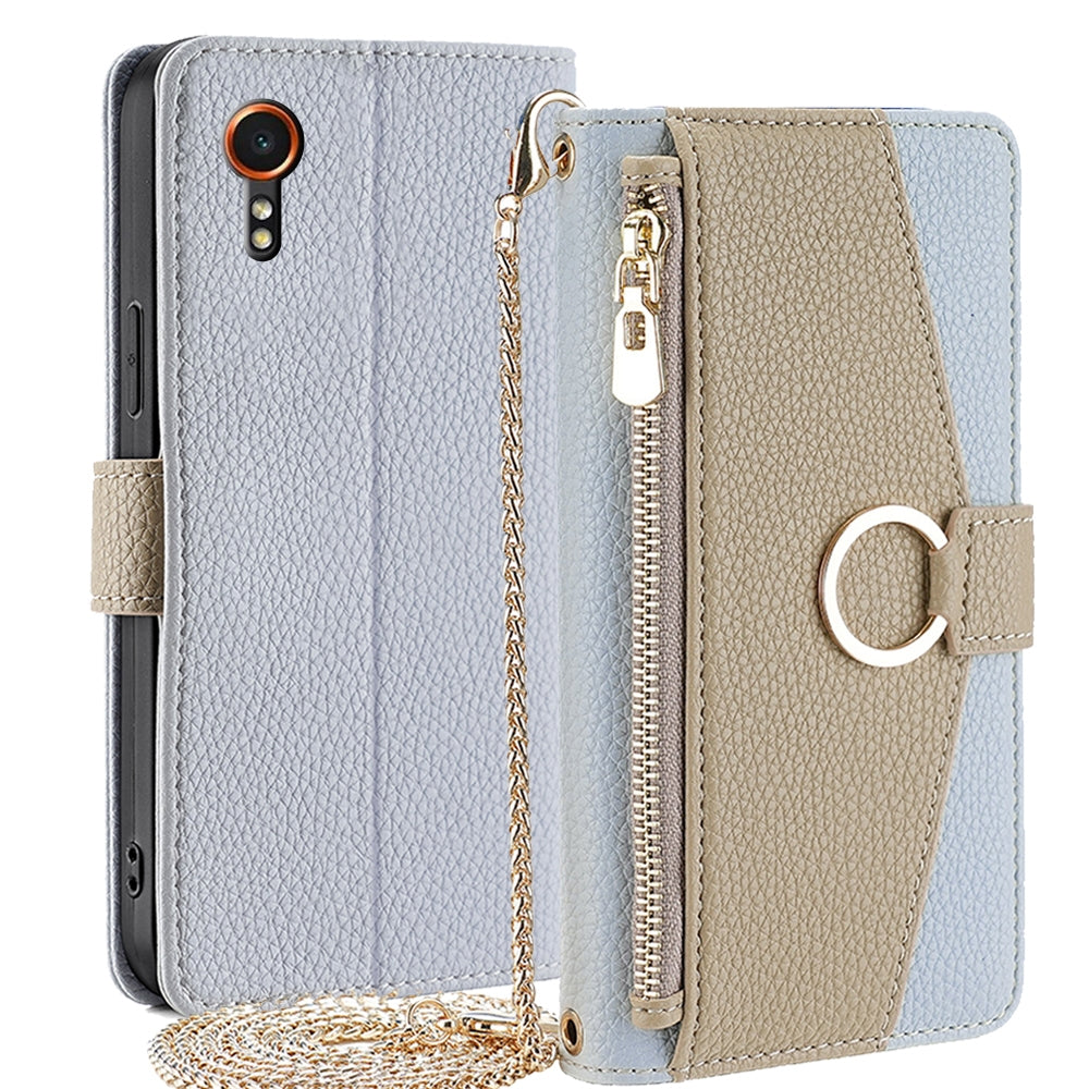 Samsung Galaxy Xcover 7 5G Crossbody Phone Case with Litchi Texture Leather, Adjustable Kickstand, Card Slots, Zipper Purse, Makeup Mirror, and TPU Protection