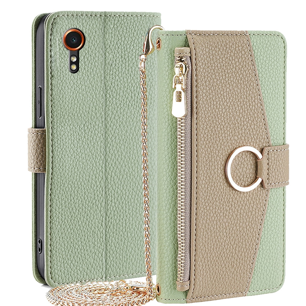 Samsung Galaxy Xcover 7 5G Crossbody Phone Case with Litchi Texture Leather, Adjustable Kickstand, Card Slots, Zipper Purse, Makeup Mirror, and TPU Protection