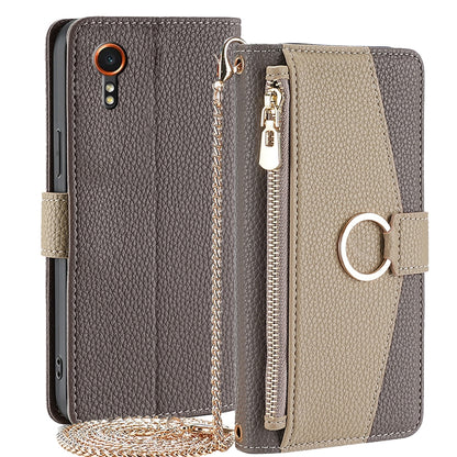 Samsung Galaxy Xcover 7 5G Crossbody Phone Case with Litchi Texture Leather, Adjustable Kickstand, Card Slots, Zipper Purse, Makeup Mirror, and TPU Protection