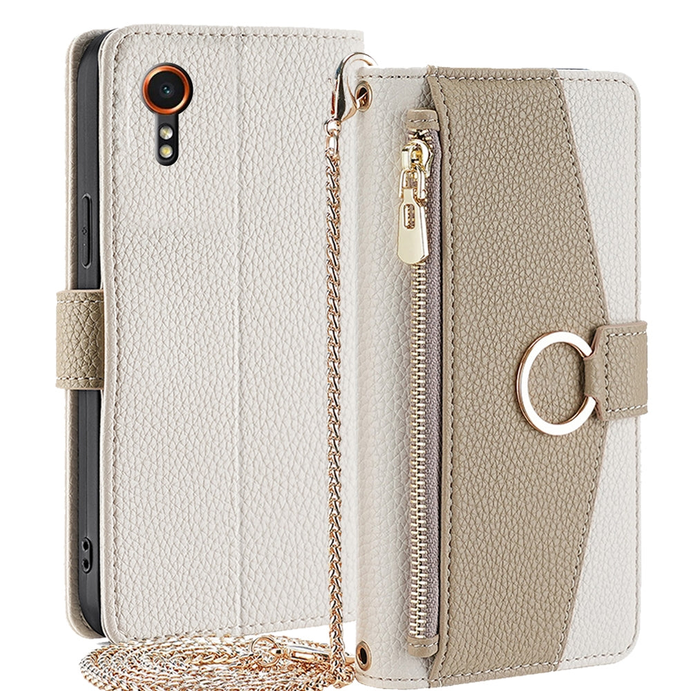 Samsung Galaxy Xcover 7 5G Crossbody Phone Case with Litchi Texture Leather, Adjustable Kickstand, Card Slots, Zipper Purse, Makeup Mirror, and TPU Protection