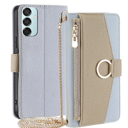 Samsung Galaxy M15 5G Crossbody Phone Case with Litchi Texture Leather, Adjustable Kickstand, Card Slots, Zipper Purse, Makeup Mirror, and TPU Protection