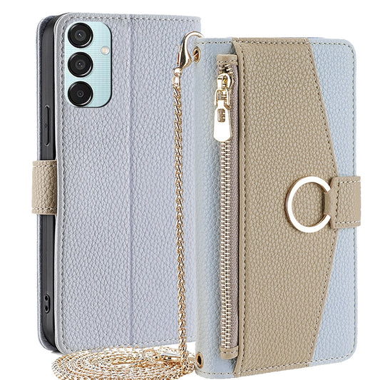 Samsung Galaxy M15 5G Crossbody Phone Case with Litchi Texture Leather, Adjustable Kickstand, Card Slots, Zipper Purse, Makeup Mirror, and TPU Protection