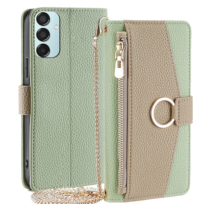 Samsung Galaxy M15 5G Crossbody Phone Case with Litchi Texture Leather, Adjustable Kickstand, Card Slots, Zipper Purse, Makeup Mirror, and TPU Protection