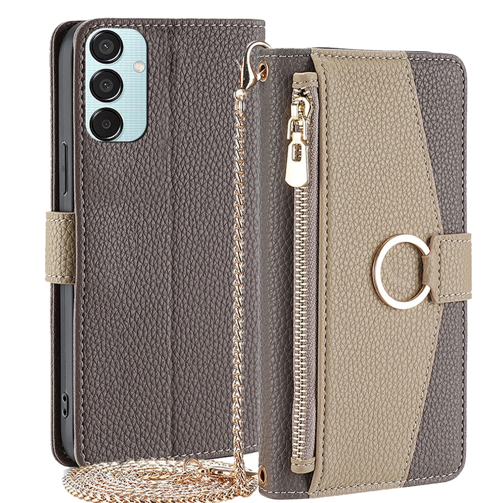 Samsung Galaxy M15 5G Crossbody Phone Case with Litchi Texture Leather, Adjustable Kickstand, Card Slots, Zipper Purse, Makeup Mirror, and TPU Protection