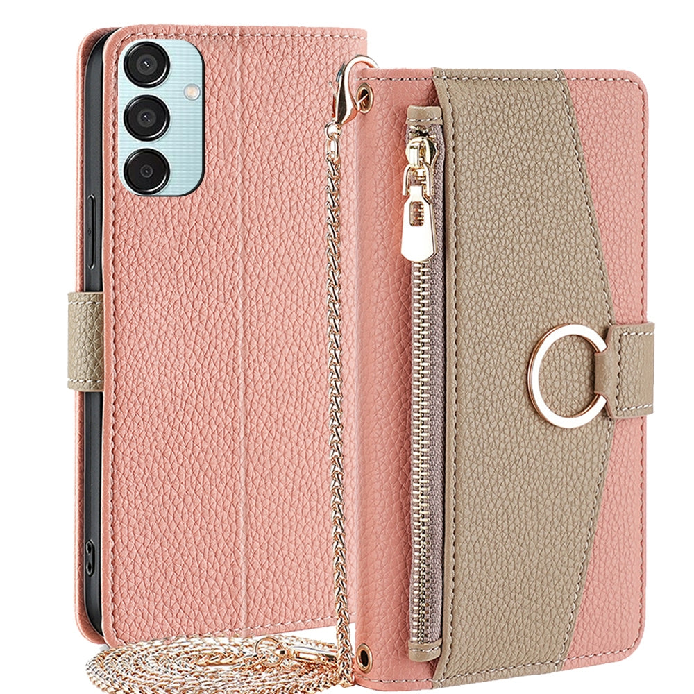 Samsung Galaxy M15 5G Crossbody Phone Case with Litchi Texture Leather, Adjustable Kickstand, Card Slots, Zipper Purse, Makeup Mirror, and TPU Protection