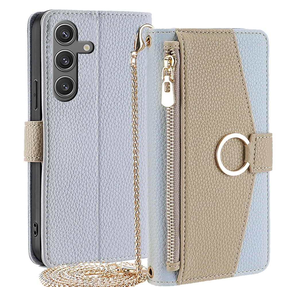 Samsung Galaxy S24 5G Crossbody Phone Case with Litchi Texture Leather, Adjustable Kickstand, Card Slots, Zipper Purse, Makeup Mirror, and TPU Protection