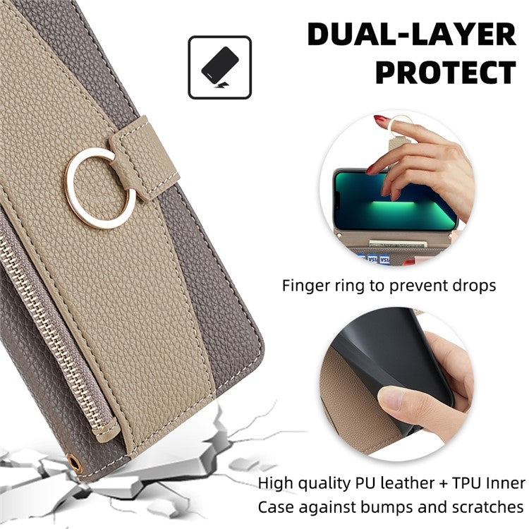 Samsung Galaxy S24 5G Crossbody Phone Case with Litchi Texture Leather, Adjustable Kickstand, Card Slots, Zipper Purse, Makeup Mirror, and TPU Protection