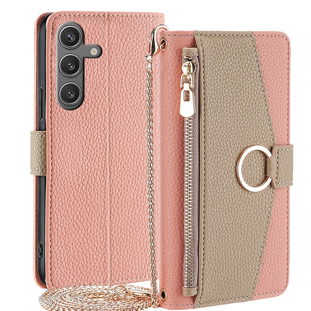 Samsung Galaxy S24 5G Crossbody Phone Case with Litchi Texture Leather, Adjustable Kickstand, Card Slots, Zipper Purse, Makeup Mirror, and TPU Protection