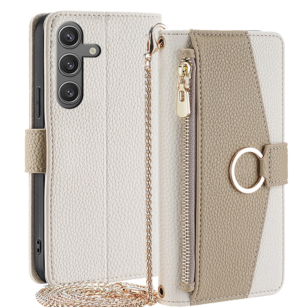 Samsung Galaxy S24 5G Crossbody Phone Case with Litchi Texture Leather, Adjustable Kickstand, Card Slots, Zipper Purse, Makeup Mirror, and TPU Protection