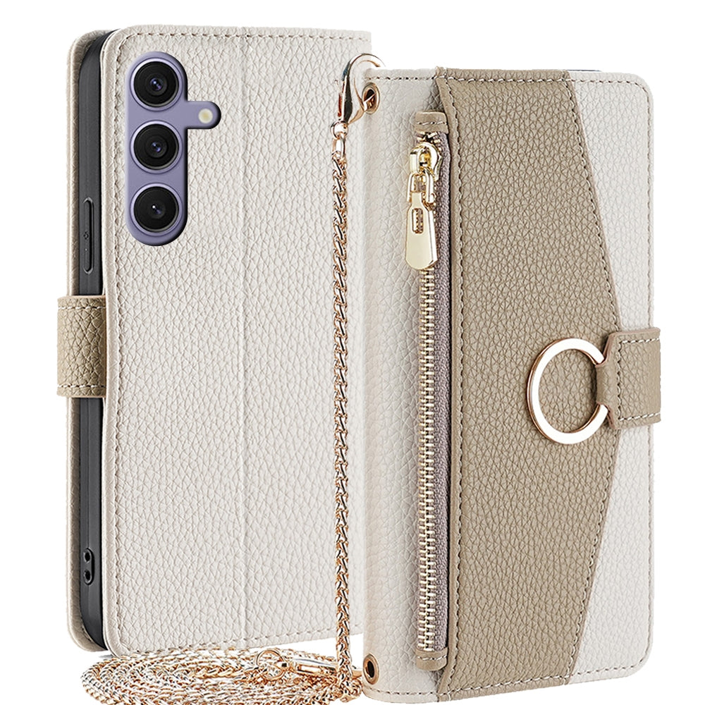 Samsung Galaxy S24+ 5G Crossbody Phone Case with Litchi Texture Leather, Adjustable Kickstand, Card Slots, Zipper Purse, Makeup Mirror, and TPU Protection