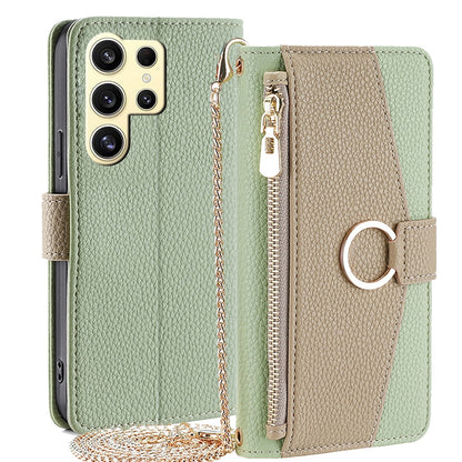 Samsung Galaxy S24 Ultra 5G Crossbody Phone Case with Litchi Texture Leather, Adjustable Kickstand, Card Slots, Zipper Purse, Makeup Mirror, and TPU Protection