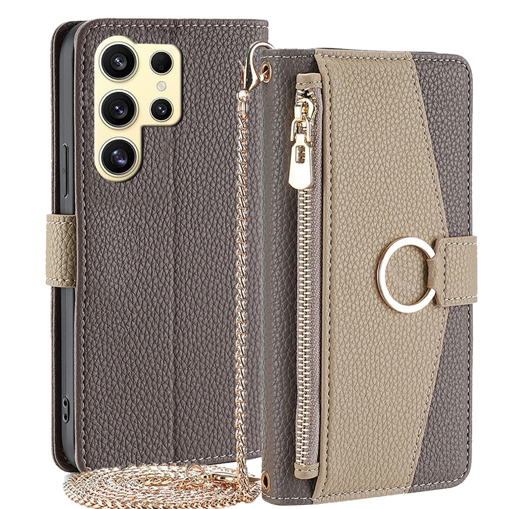 Samsung Galaxy S24 Ultra 5G Crossbody Phone Case with Litchi Texture Leather, Adjustable Kickstand, Card Slots, Zipper Purse, Makeup Mirror, and TPU Protection