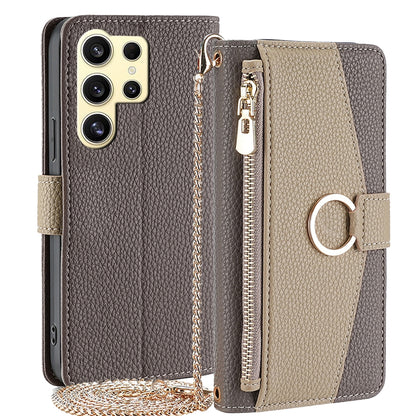 Samsung Galaxy S24 Ultra 5G Crossbody Phone Case with Litchi Texture Leather, Adjustable Kickstand, Card Slots, Zipper Purse, Makeup Mirror, and TPU Protection