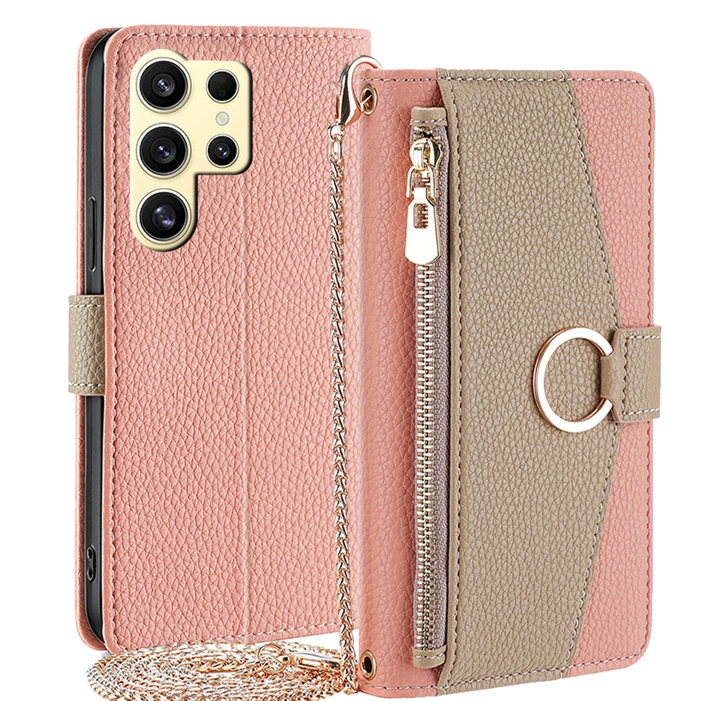 Samsung Galaxy S24 Ultra 5G Crossbody Phone Case with Litchi Texture Leather, Adjustable Kickstand, Card Slots, Zipper Purse, Makeup Mirror, and TPU Protection