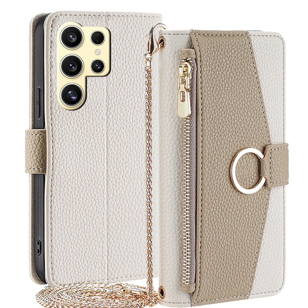 Samsung Galaxy S24 Ultra 5G Crossbody Phone Case with Litchi Texture Leather, Adjustable Kickstand, Card Slots, Zipper Purse, Makeup Mirror, and TPU Protection