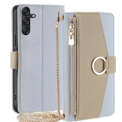Samsung Galaxy M55 5G Crossbody Phone Case with Litchi Texture Leather, Adjustable Kickstand, Card Slots, Zipper Purse, Makeup Mirror, and TPU Protection