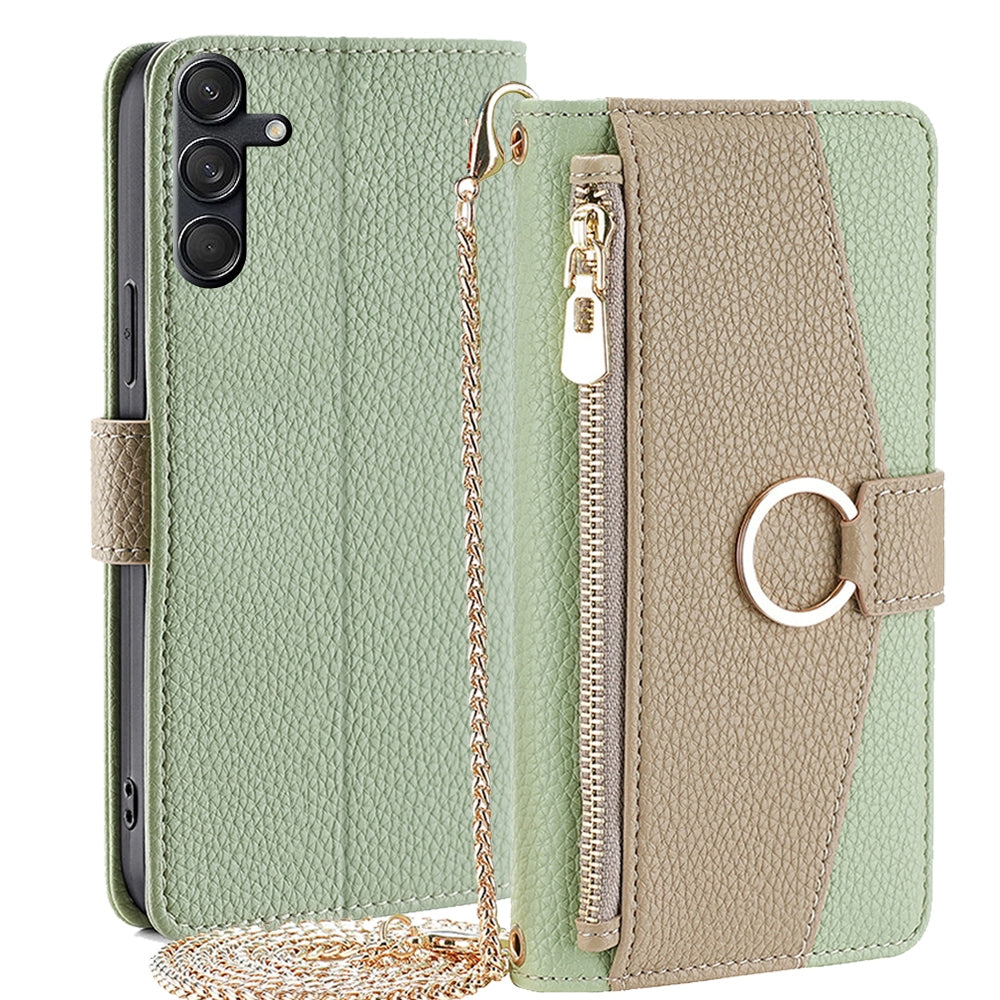 Samsung Galaxy M55 5G Crossbody Phone Case with Litchi Texture Leather, Adjustable Kickstand, Card Slots, Zipper Purse, Makeup Mirror, and TPU Protection