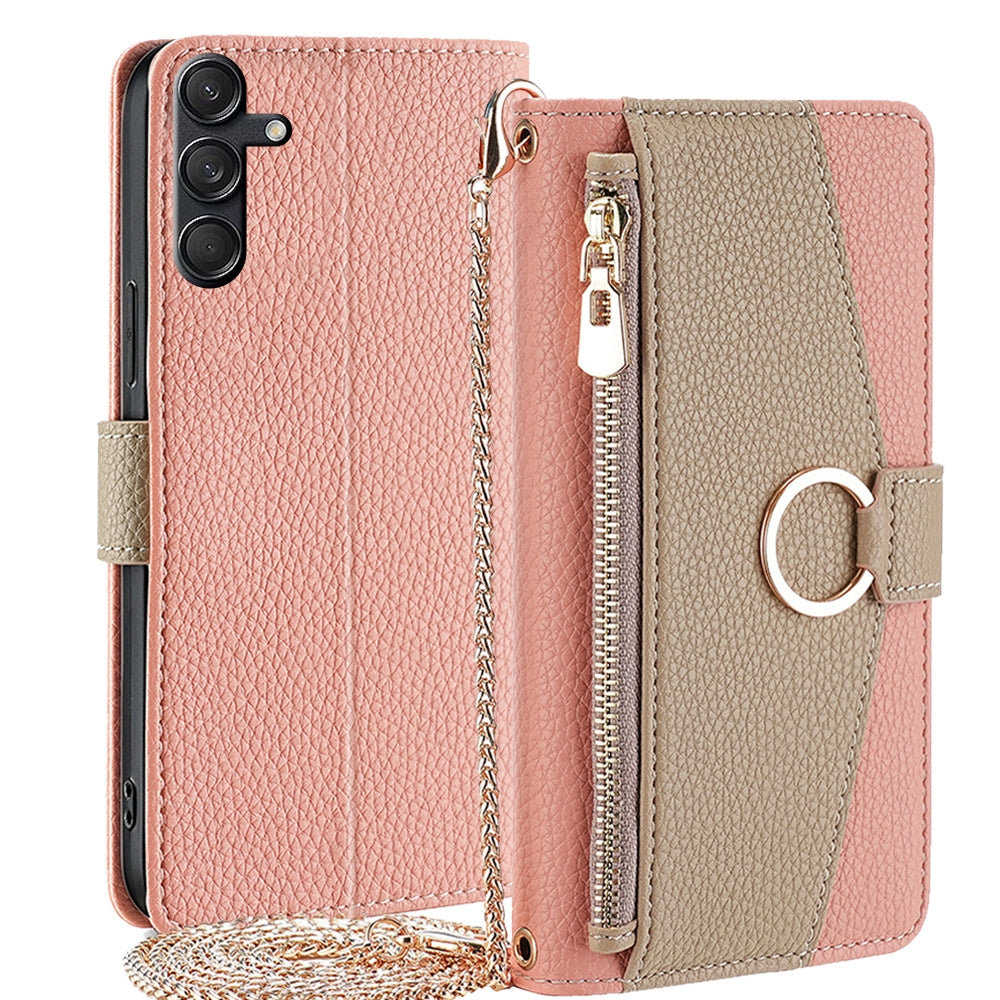 Samsung Galaxy M55 5G Crossbody Phone Case with Litchi Texture Leather, Adjustable Kickstand, Card Slots, Zipper Purse, Makeup Mirror, and TPU Protection