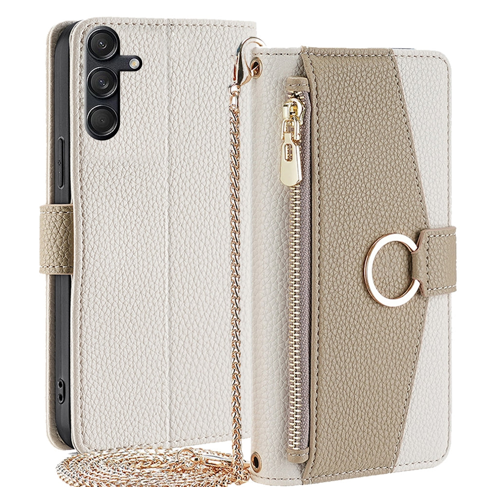 Samsung Galaxy M55 5G Crossbody Phone Case with Litchi Texture Leather, Adjustable Kickstand, Card Slots, Zipper Purse, Makeup Mirror, and TPU Protection