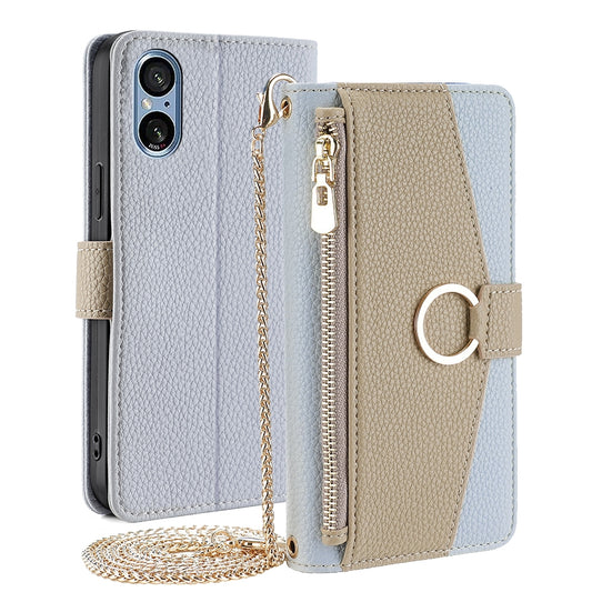 Sony Xperia 5 V Crossbody Phone Case with Litchi Texture Leather, Adjustable Kickstand, Card Slots, Zipper Purse, Makeup Mirror, and TPU Protection