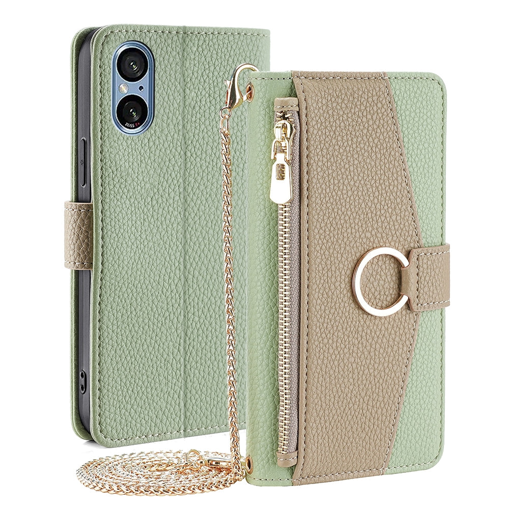 Sony Xperia 5 V Crossbody Phone Case with Litchi Texture Leather, Adjustable Kickstand, Card Slots, Zipper Purse, Makeup Mirror, and TPU Protection
